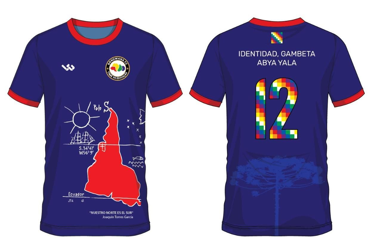 Camisa oficial Gondwana FC - azul royal com gola vermelha, número 12 nas costas em padrão Wiphala