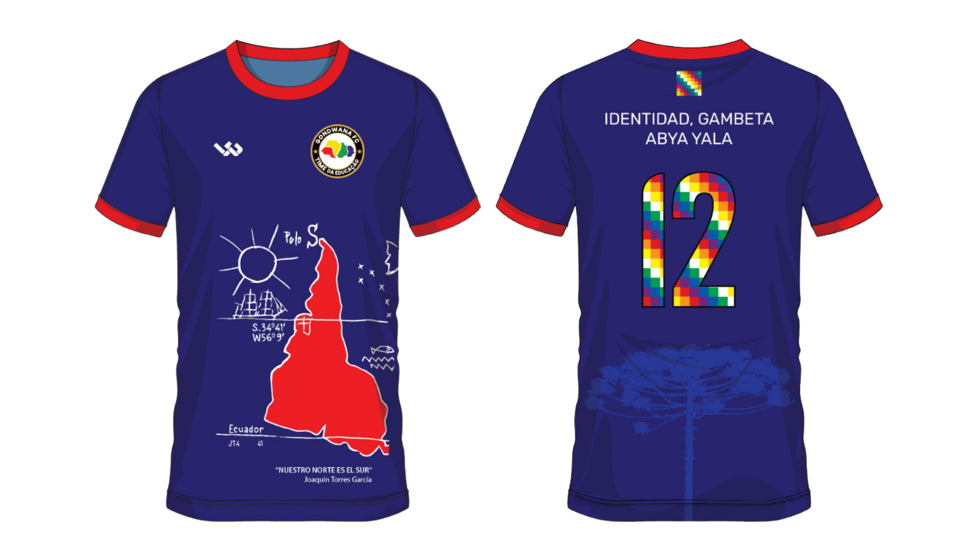Camiseta pedagógica Gondwana FC Abya Yala: frente com mapa invertido de Joaquín Torres García e costas com as palavras IDENTIDAD, GAMBETA, ABYA YALA e o número 12
